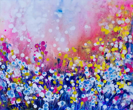 Original Painting, Life is Wonderful, Abstract Landscape, Dandelions Art, Pink and Blue Abstract, Small Art Gift, Diana Dimova TRAXI, Romantic Painting, Contemporary Fine Art, 30x25 cm A colorful abstract floral painting with white, pink, yellow, blue, and purple paint strokes forming a field of flowers against a soft pastel sky.
