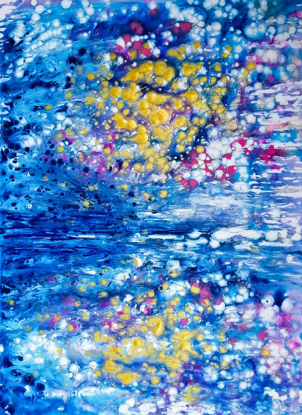 Abstract Reflections Sunset Seascape limited edition print in blue, pink, and gold by contemporary artist Diana Dimova TRAXI. Abstract painting featuring a vibrant blue and white textured background with splashes of yellow, pink, and purple paint, creating a colorful, expressive composition.