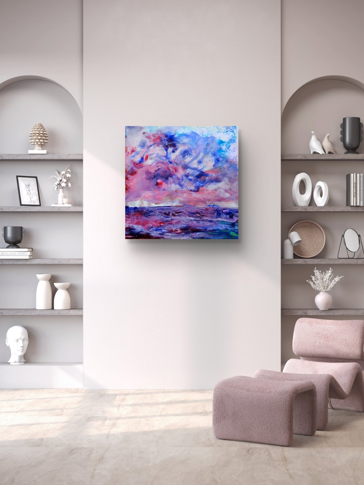 Waves limited edition square premium canvas print in soft pink, purple, and blue abstract ocean layers by Diana Dimova TRAXI ART.