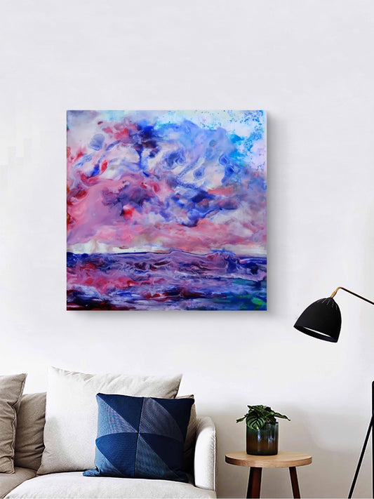 Waves limited edition square premium canvas print in soft pink, purple, and blue abstract ocean layers by Diana Dimova TRAXI ART.