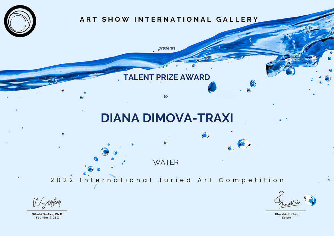 Award-winning original acrylic painting Blue Abstract Water Magic  by Diana Dimova TRAXI ART. 