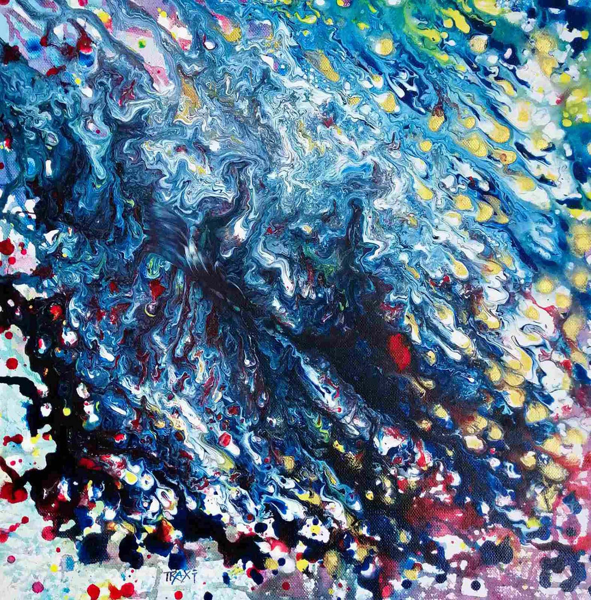 Arabian Nights original abstract painting in deep blue and purple by contemporary artist Diana Dimova TRAXI. Abstract fluid acrylic pour painting with swirling blue, white, and black marbled patterns, accented with splatters and drips of yellow, red, pink, and green paint.