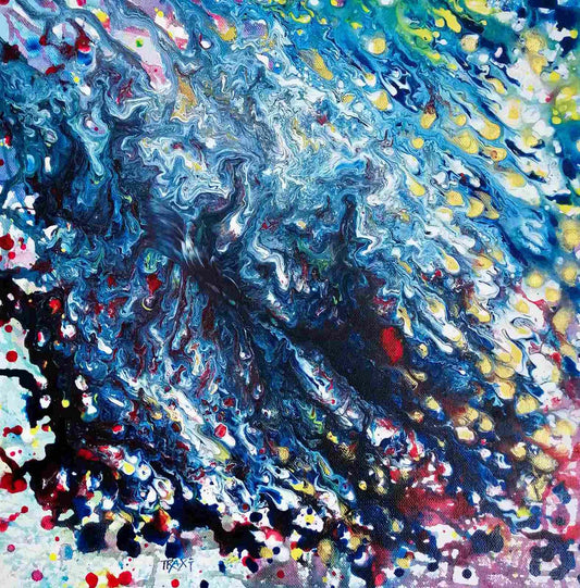 Arabian Nights original abstract painting in deep blue and purple by contemporary artist Diana Dimova TRAXI. Abstract fluid acrylic pour painting with swirling blue, white, and black marbled patterns, accented with splatters and drips of yellow, red, pink, and green paint.