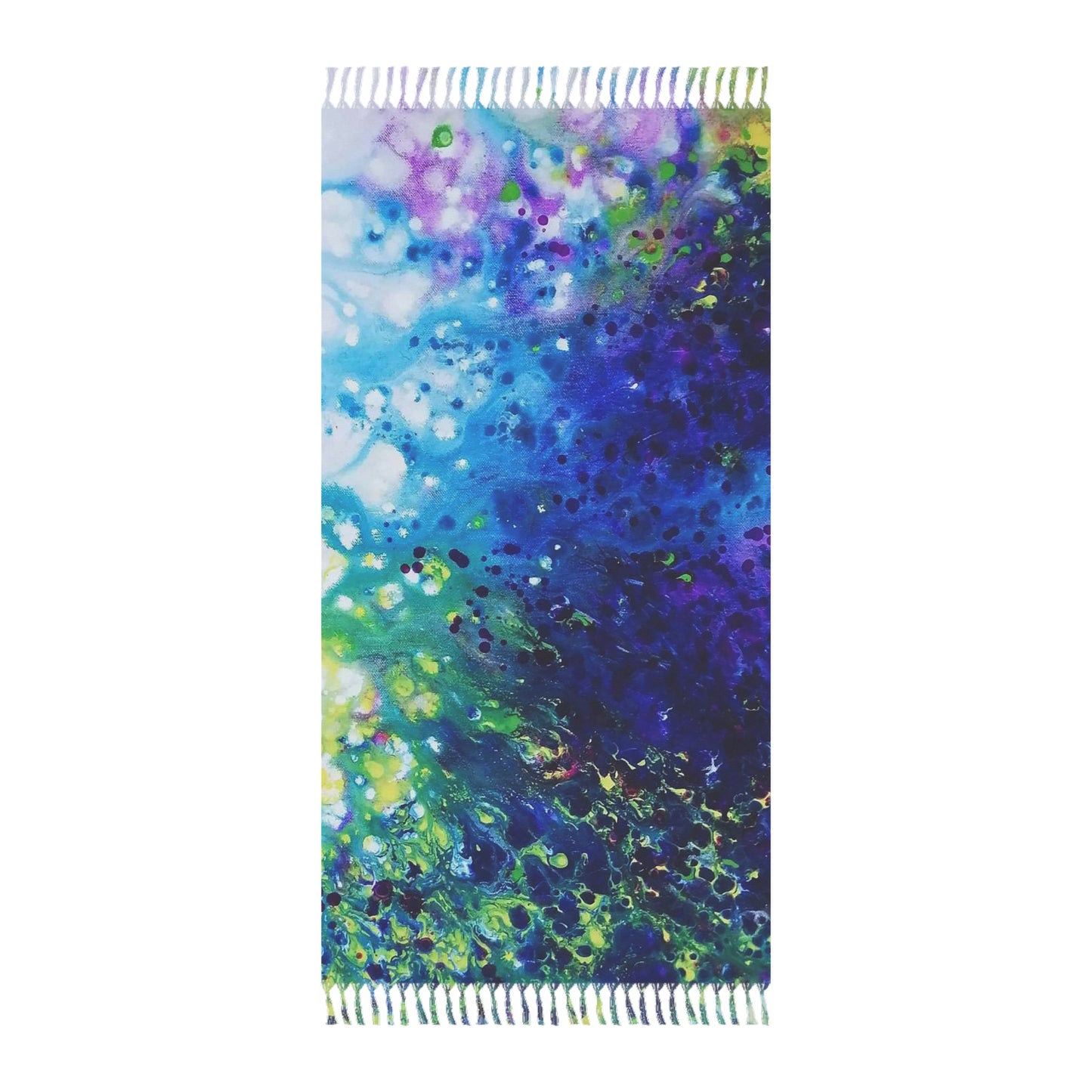 Aromatic lavender symphony boho beach towel featuring abstract wearable art inspired by the painting Aromatic Lavender Symphony by Diana Dimova TRAXI. A rectangular woven blanket with fringed edges, featuring an abstract fluid art pattern in shades of blue, purple, green, and white, shown against a plain white background.