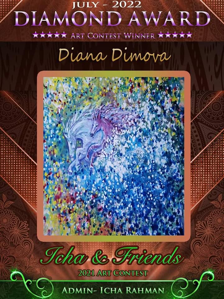 Freedom in color abstract horse original painting by contemporary artist TRAXI, featuring twin horses galloping through a vibrant cosmic nebula sky. Diamond Award for art contest winner Diana Dimova featuring a colorful abstract painting of a unicorn.