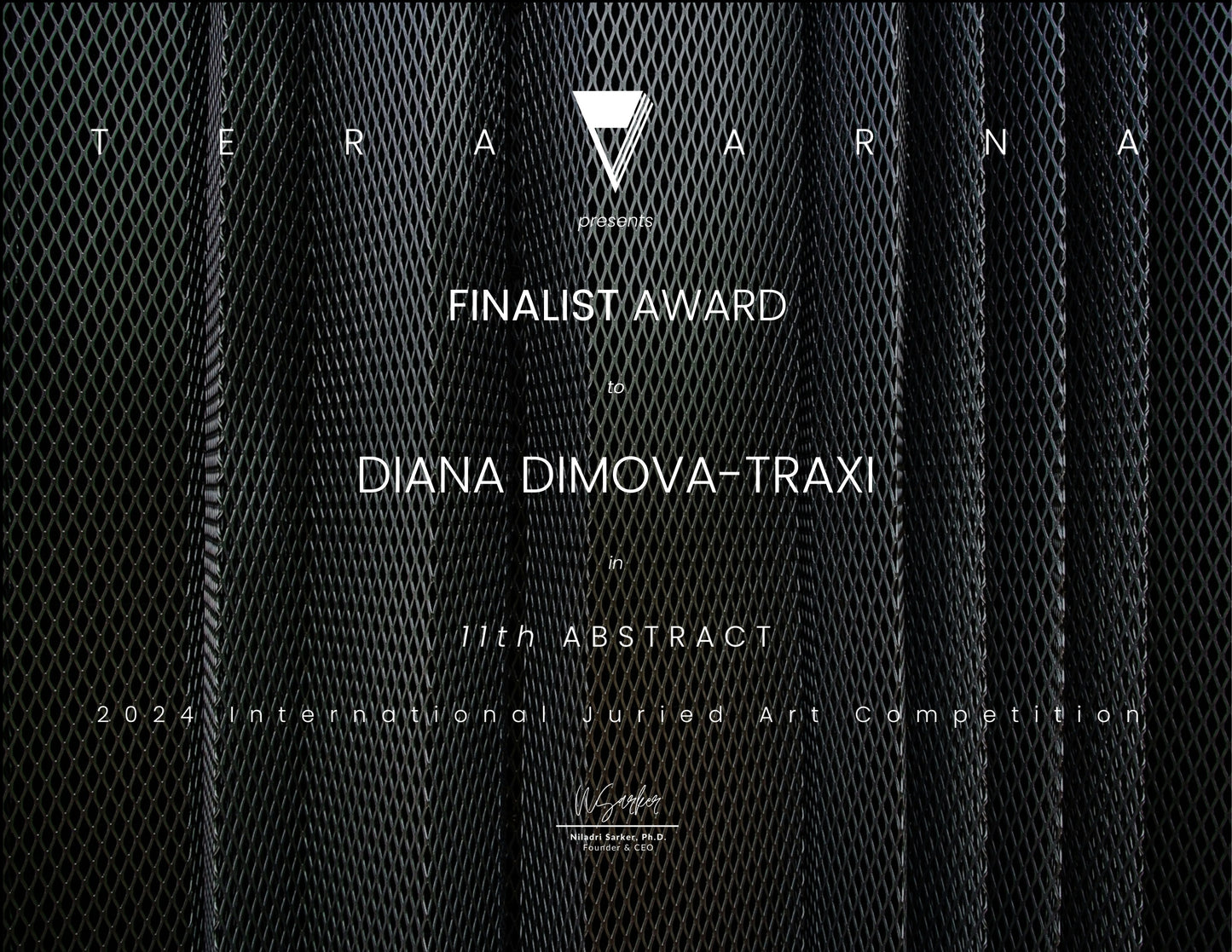 Award-winning original spiritual abstract painting Noise from Dreams by Diana Dimova TRAXI, fluid acrylic pouring in soft white, blue, rose and gold tones. A black textured abstract artwork with vertical mesh-like panels and white text reading 'TERA ARNA' at the top, 'FINALIST AWARD', 'DIANA DIMOVA-TRAXI', and '11th ABSTRACT 2024 International Juried Art Competition' across the center and bottom.