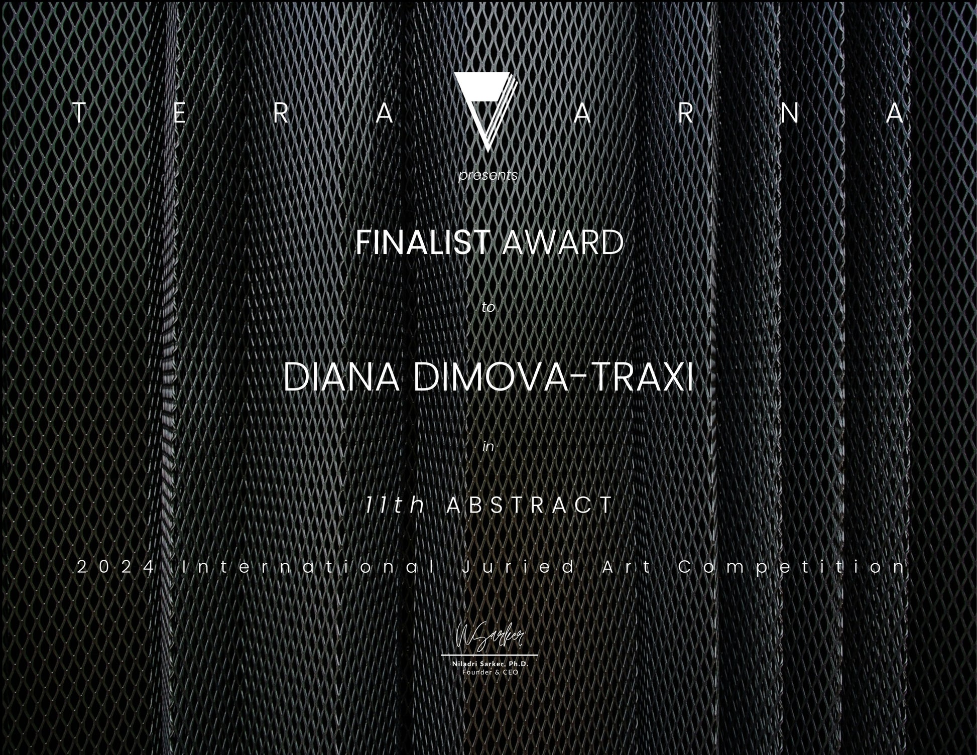 Award-winning original spiritual abstract painting Noise from Dreams by Diana Dimova TRAXI, fluid acrylic pouring in soft white, blue, rose and gold tones. A black textured abstract artwork with vertical mesh-like panels and white text reading 'TERA ARNA' at the top, 'FINALIST AWARD', 'DIANA DIMOVA-TRAXI', and '11th ABSTRACT 2024 International Juried Art Competition' across the center and bottom.