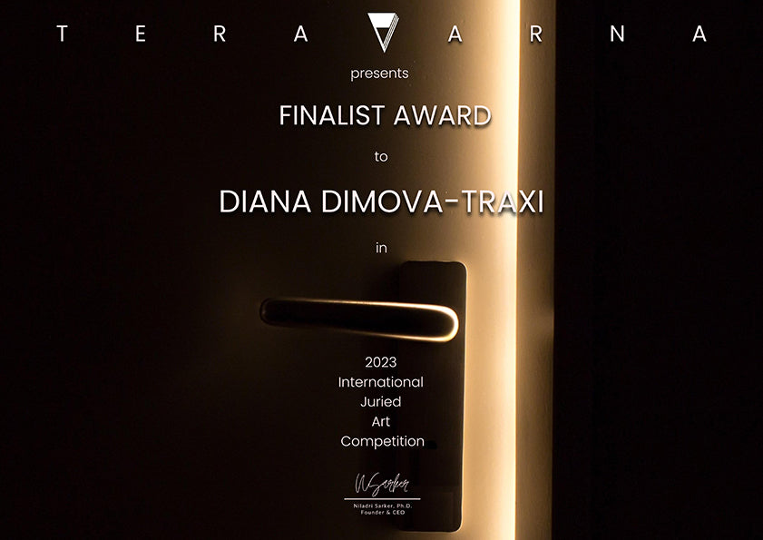 Original spiritual abstract painting Prayer by Diana Dimova TRAXI, featuring a white angel and protective wings in white and blue tones. A dark award plaque or door handle with illuminated text reading 'TERAVARNA presents FINALIST AWARD to DIANA DIMOVA-TRAXI in 2023 International Juried Art Competition.'.