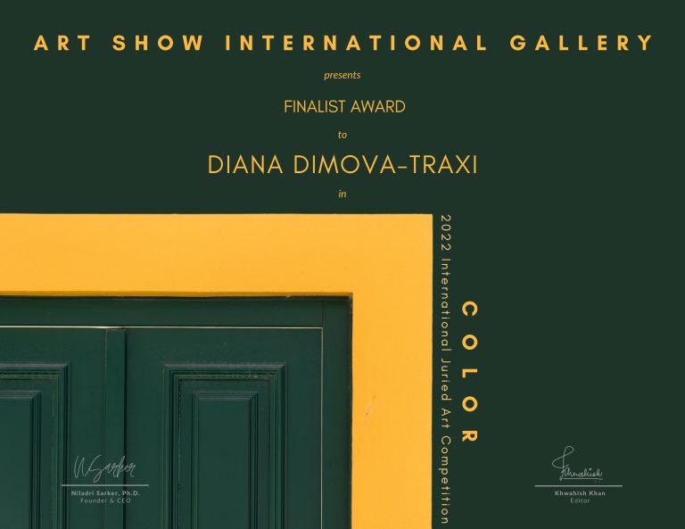 Sunshine Swing original fluid acrylic abstract painting by Diana Dimova TRAXI ART. Finalist Award winner 2022. Art show international gallery award certificate for Diana Dimova-Traxi on a green and yellow background