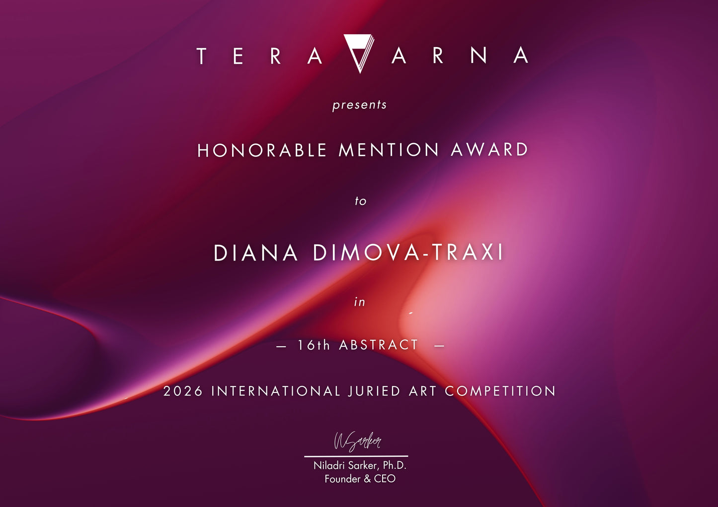 Original abstract painting titled 'The System' by TRAXI, featuring layered geometric structures and fluid textures  The artwork explores themes of order and the human condition through contemporary abstract expressionism A digital award certificate graphic from Tera Varna presenting an Honorable Mention Award to Diana Dimova-Traxi for the 16th Abstract 2026 International Juried Art Competition, featuring elegant white text over a flowing abstract purple and magenta background.