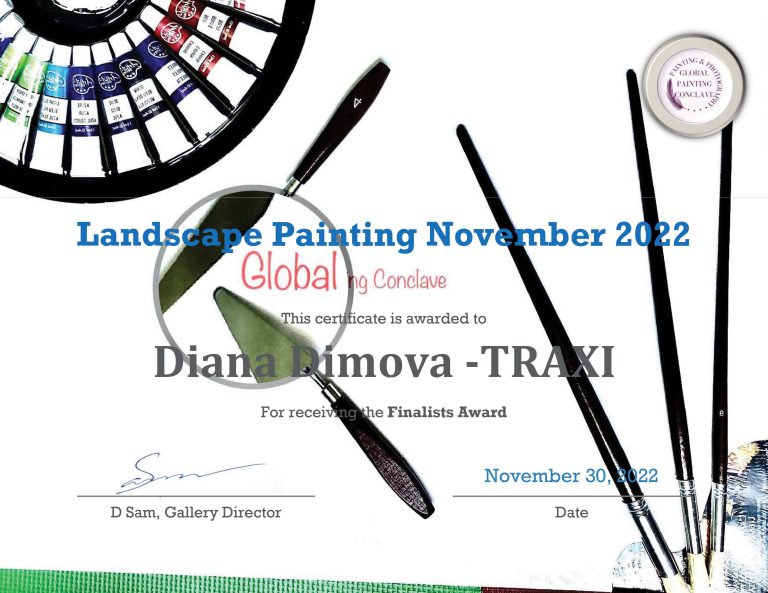 A certificate awarding the finalists of the 2022 Global Landscape Painting competition to Diana Rimova - TRAXI, displayed on a white background with decorative paintbrushes and a color wheel. By the River original impressionist oil painting with fresh green and white tones depicting a young girl by the river by Diana Dimova TRAXI ART.