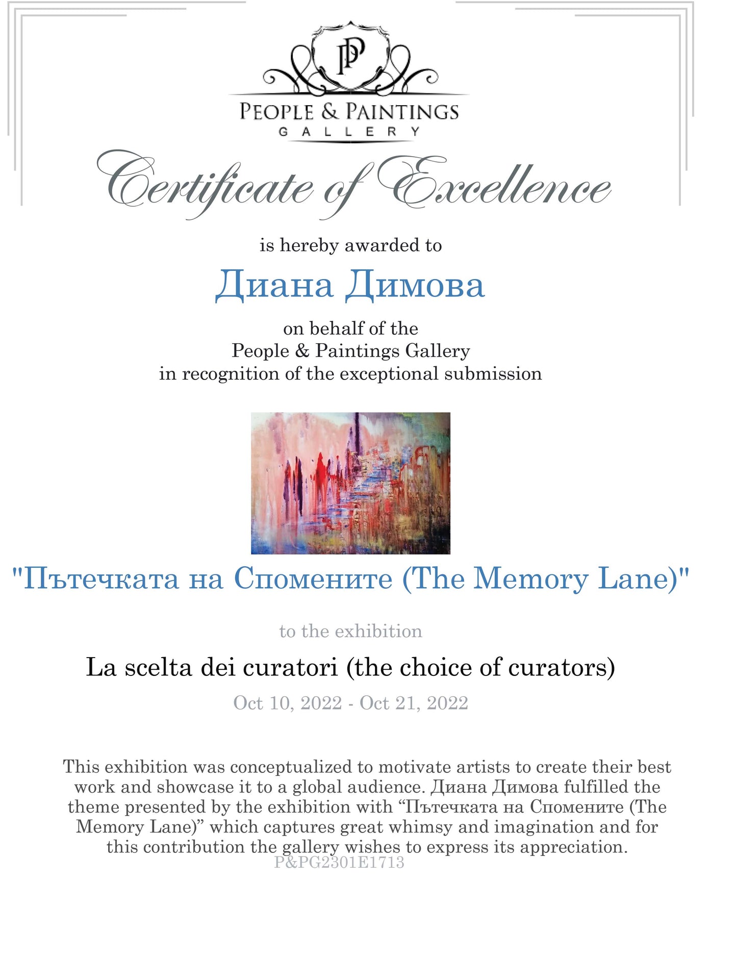 A certificate of excellence from People & Paintings Gallery awarded to Diana Dimova for her exhibition 'The Memory Lane' (La scelta dei curatori) on October 10, 2022. The certificate features a white background with elegant black and blue text, a small painting illustration in the center, and the People & Paintings Gallery logo at the top. City of Memories original abstract lyrical fluid acrylic painting with dreamlike pink, violet, and orange tones representing nostalgia by Diana Dimova TRAXI ART.