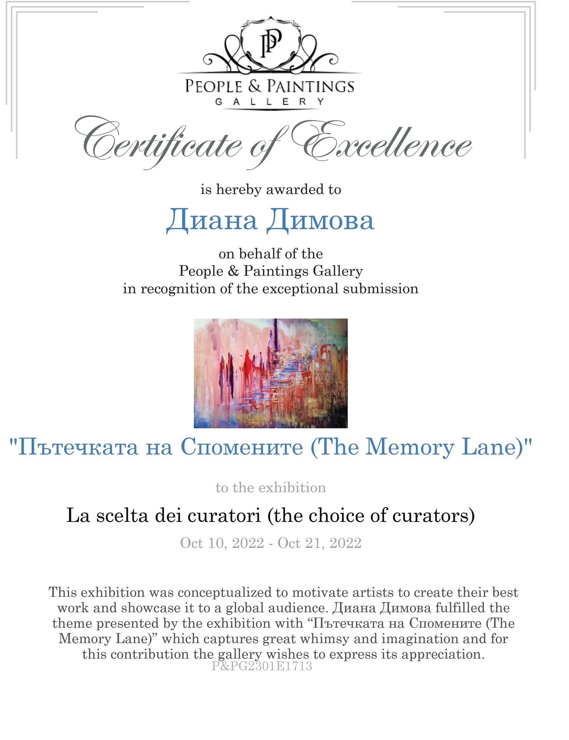 A certificate of excellence from People & Paintings Gallery awarded to Diana Dimova for her exhibition 'The Memory Lane' (La scelta dei curatori) on October 10, 2022. The certificate features a white background with elegant black and blue text, a small painting illustration in the center, and the People & Paintings Gallery logo at the top. City of Memories original abstract lyrical fluid acrylic painting with dreamlike pink, violet, and orange tones representing nostalgia by Diana Dimova TRAXI ART.