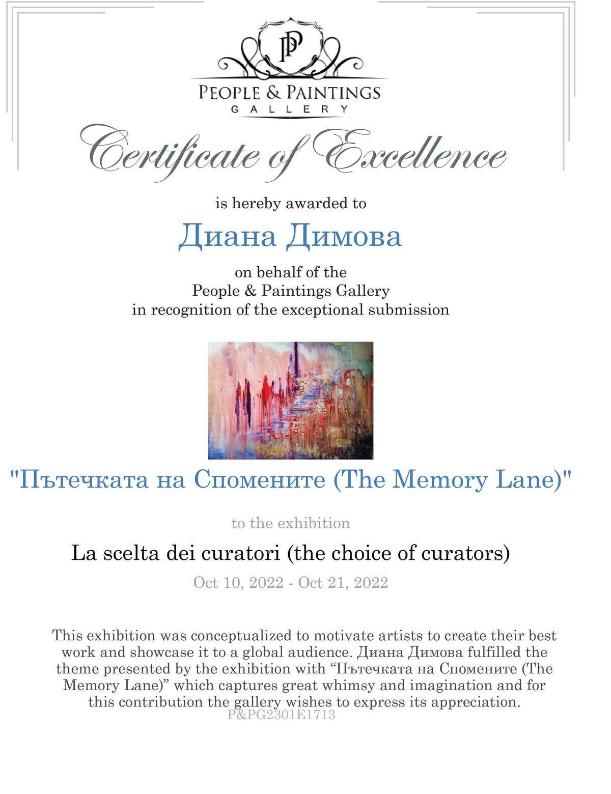 A certificate of excellence from People & Paintings Gallery awarded to Diana Dimova for her exhibition 'The Memory Lane' (La scelta dei curatori) on October 10, 2022. The certificate features a white background with elegant black and blue text, a small painting illustration in the center, and the People & Paintings Gallery logo at the top. City of Memories original abstract lyrical fluid acrylic painting with dreamlike pink, violet, and orange tones representing nostalgia by Diana Dimova TRAXI ART.