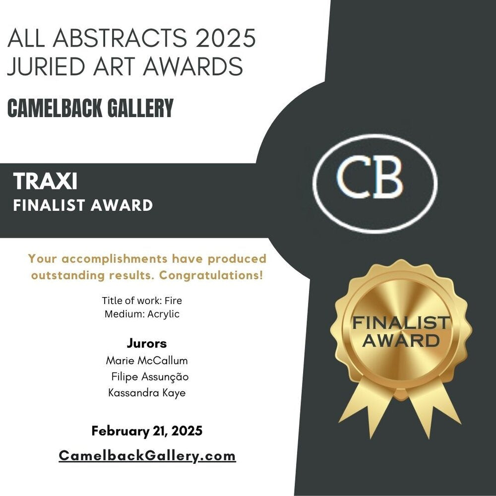 Fires Set original fluid acrylic abstract diptych in blue, red, orange, and yellow by Diana Dimova TRAXI ART. Finalist Award winner 2025. Certificate for TRAXI Finalist Award at Camelback Gallery 2025 Juried Art Awards with gold medal design.