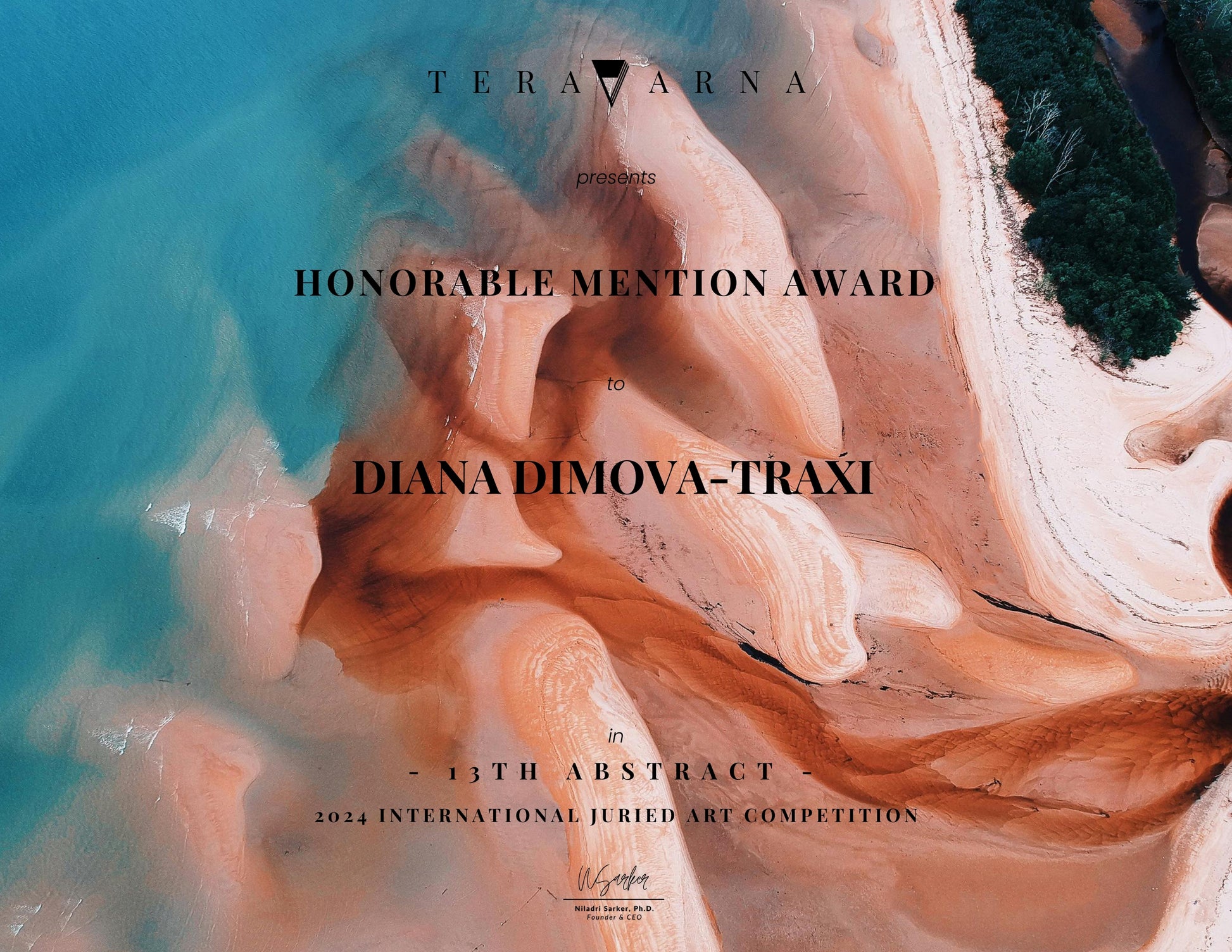 Award announcement graphic for the 2024 International Juried Art Competition, featuring abstract peach, pink, and turquoise artwork with black text reading 'TERAVARNA' and 'HONORABLE MENTION AWARD TO DIANA DIMOVA-TRAXI'. Impression in Autumn Colors original abstract impressionist oil painting with blue, yellow, orange, and red tones by Diana Dimova TRAXI ART.