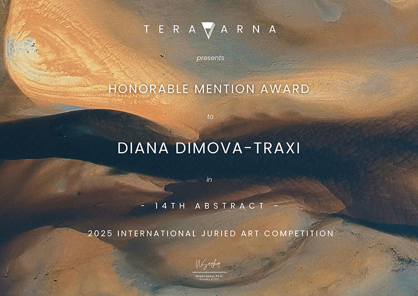 Nuances of Time original abstract mixed media square painting with soft pastel pink and violet tones by Diana Dimova TRAXI ART. Certificate award graphic for the 2025 International Juried Art Competition, presented by Tera Varna. The certificate is awarded to Diana Dimova-Traxi for the 14th Abstract entry.