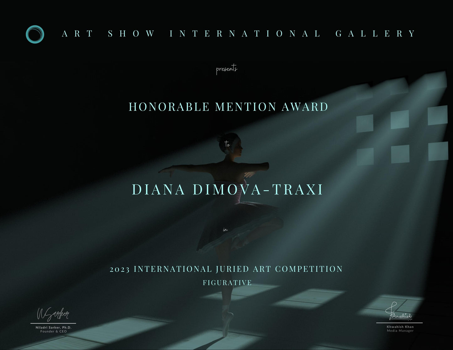Original spiritual abstract painting titled White Queen’s Move by Diana Dimova TRAXI, featuring a cosmic goddess and chess symbolism in luminous blue and white tones. Art show international gallery honorable mention award for Diana Dimova-Traxi in 2023