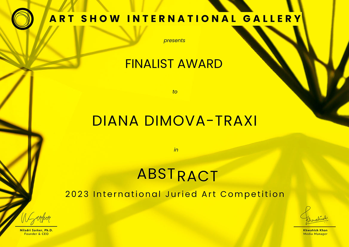 Yin Yang spiritual abstract painting titled Events of Life by Diana Dimova TRAXI featuring a circular blue, white, and soft pink composition for modern luxury interiors. A bright yellow certificate or award print with black text reading 'ART SHOW INTERNATIONAL GALLERY presents FINALIST AWARD to DIANA DIMOVA-TRAXI in ABSTRACT 2023 International Juried Art Competition,' plus abstract black line art and signatures at the bottom.