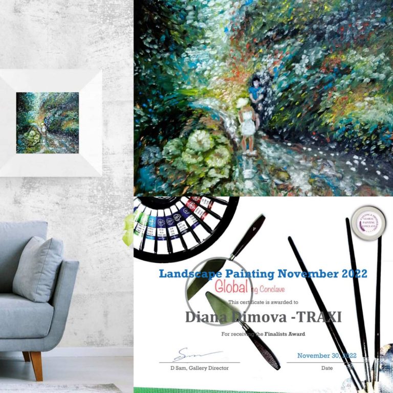 A collage-style promotional image showing a colorful landscape painting of a forest path with a small figure, a framed version of the painting on a wall, a gray sofa, a certificate reading 'Landscape Painting November 2022' and 'Diana Dimova - TRAKI,' a paint palette wheel, a brush, and paint tubes. By the River original impressionist oil painting with fresh green and white tones depicting a young girl by the river by Diana Dimova TRAXI ART.