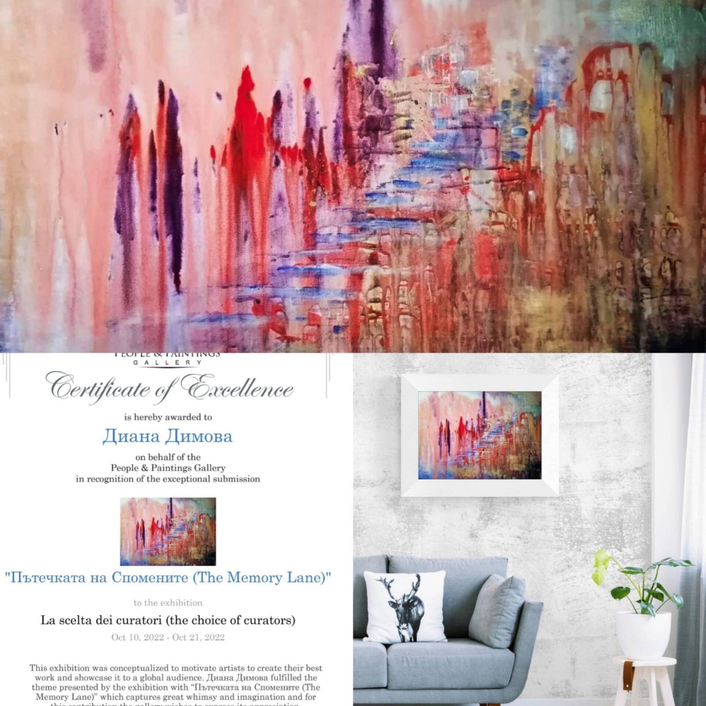 City of Memories original abstract lyrical fluid acrylic painting with dreamlike pink, violet, and orange tones representing nostalgia by Diana Dimova TRAXI ART. A collage-style promotional image featuring a large abstract painting with red, blue, pink, and beige brushstrokes, a smaller matching artwork above a sofa, a Certificate of Excellence document, and a living-room setting with a sofa and plant.