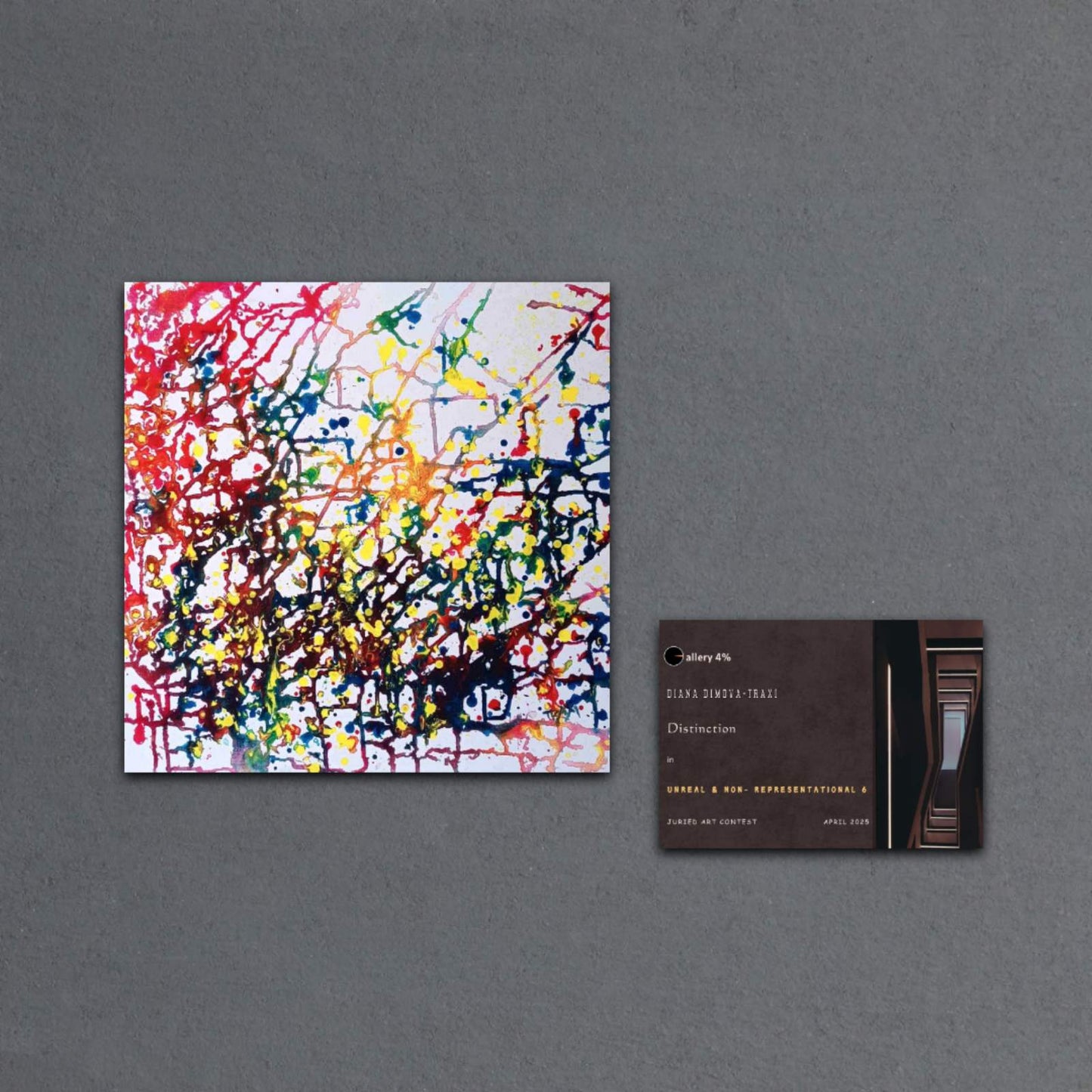 Flecks of Sunlight original fluid acrylic abstract painting by Diana Dimova TRAXI ART. Distinction Award winner 2025, San Francisco. An abstract painting with multicolored paint splatters on a white background, displayed next to a dark brown business card on a textured gray surface.