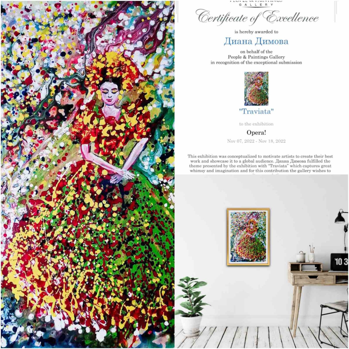 Goddess of Spring original abstract figurative portrait acrylic painting with vibrant green, red, and yellow Klimt-style tones by Diana Dimova TRAXI ART.