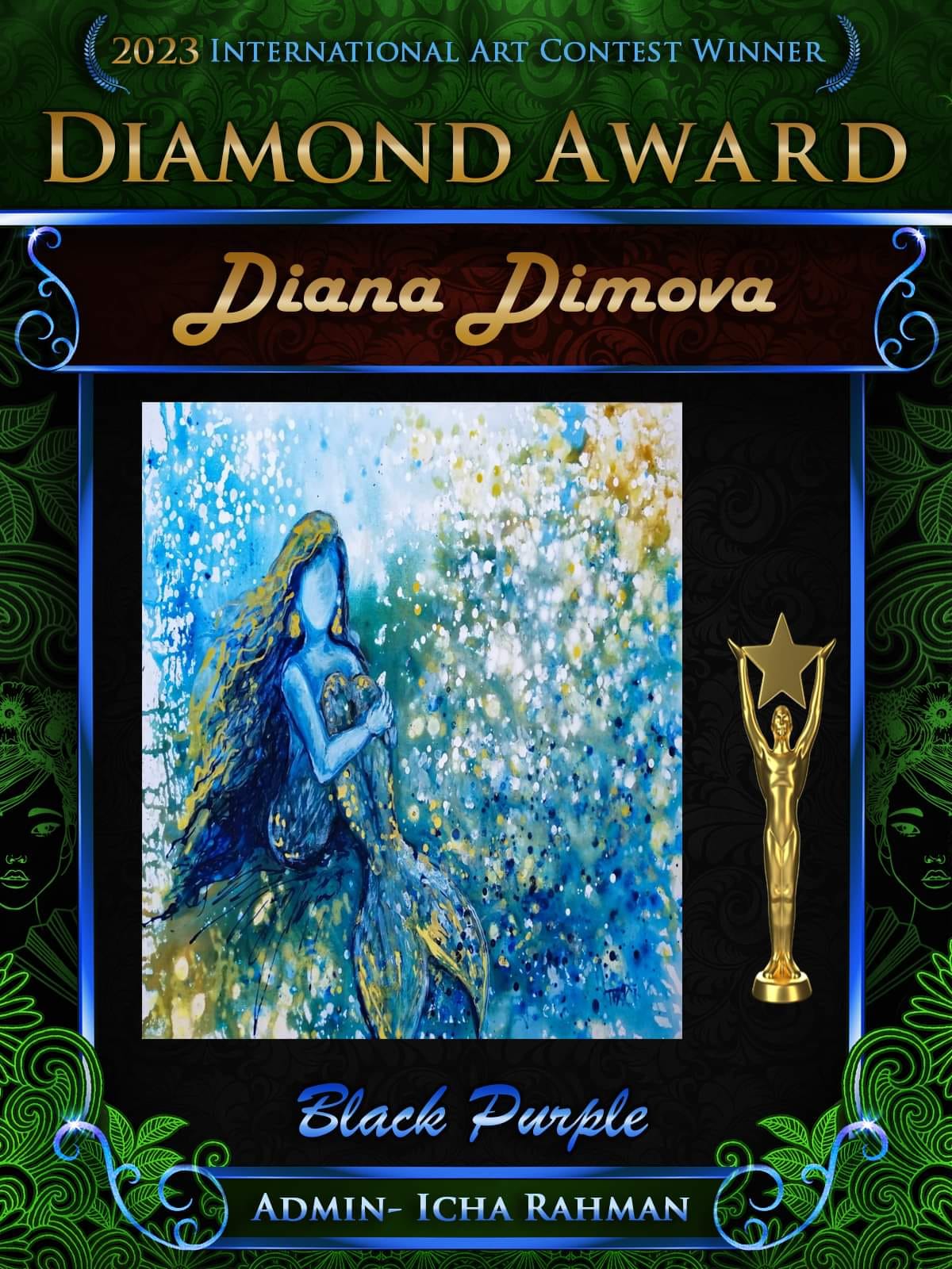 Award Sea Foam Dreams original blue abstract painting with golden mermaid accents modern abstract seascape  by Diana Dimova TRAXI ART. Luxury yacht and coastal wall art.