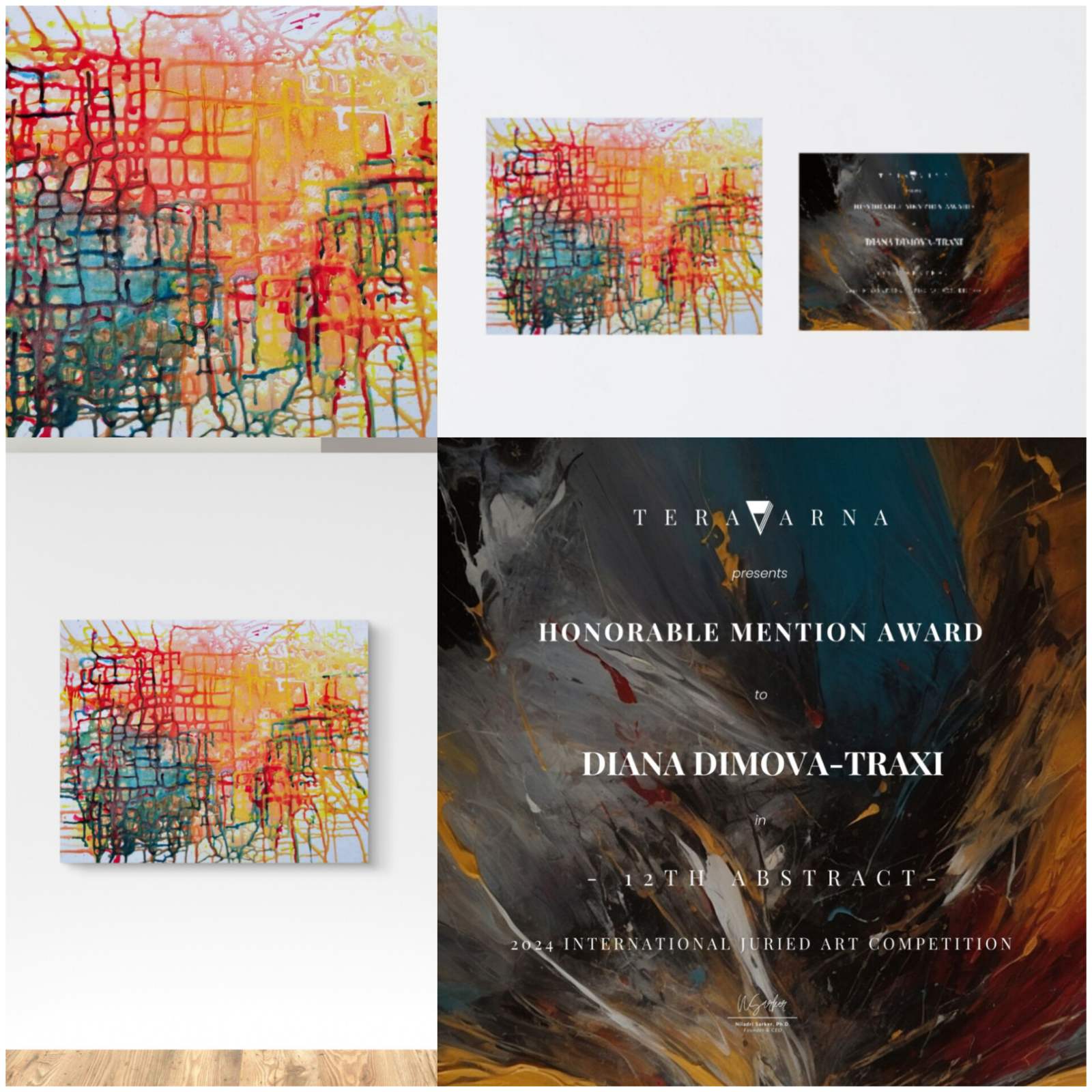 Illusions original checkered abstract painting in red, yellow, green, and orange by Diana Dimova TRAXI ART. Honorable Mention Award winner 2024. A collage showing several abstract art prints and a dark award certificate. The prints feature colorful abstract brushstrokes in red, yellow, blue, and orange, while the certificate displays text for the 2024 International Abstract Art Competition Honorable Mention Award to Diana Dimova-Traxi.