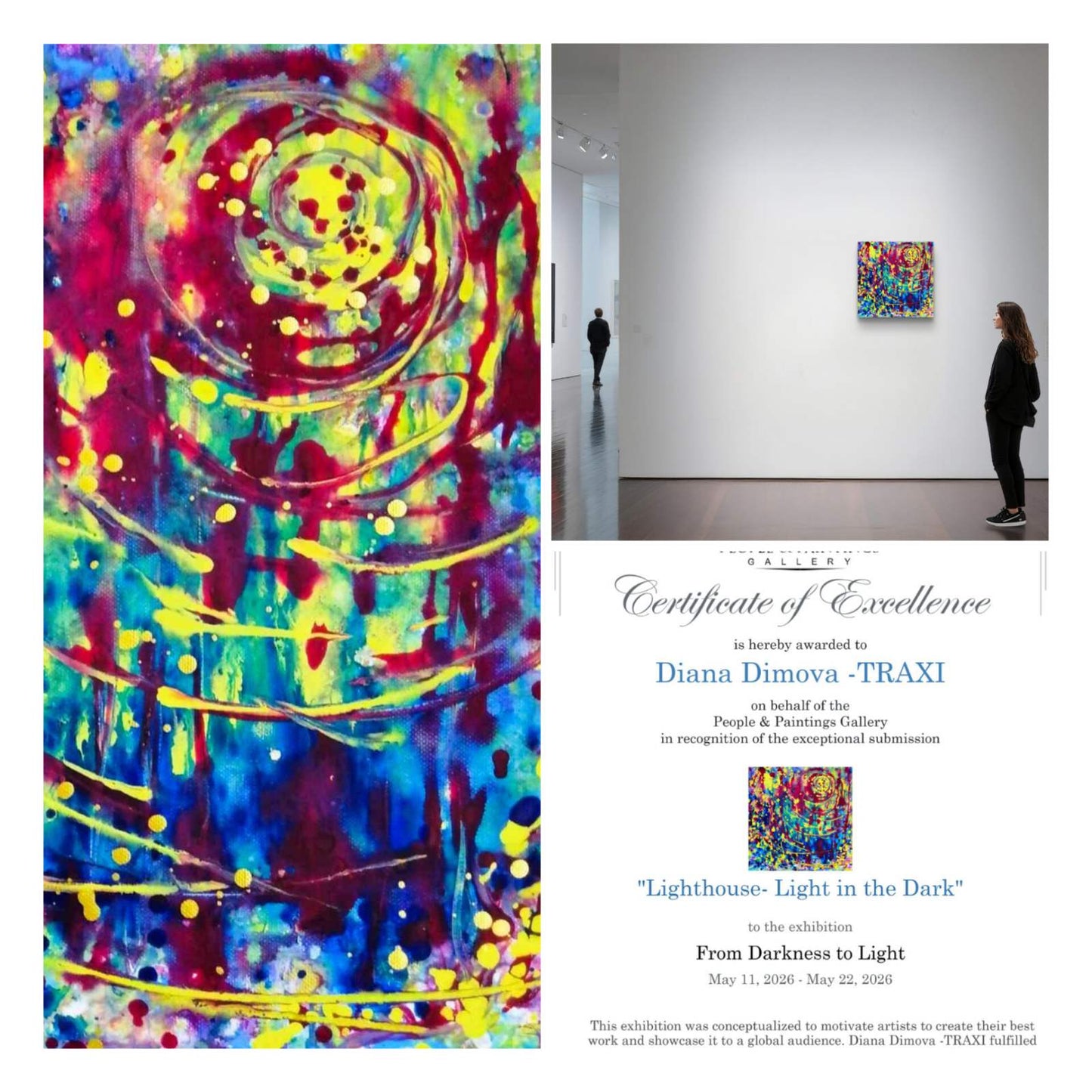 Lighthouse Bold Colorful Abstract painting by Diana Dimova TRAXI ART, featuring vibrant light rays emerging from dark textures. A colorful abstract art print or painting shown prominently on the left, with a smaller gallery-exhibition scene on the right featuring a person viewing a matching artwork in a white museum setting. Text on the right references Diana Dimova - TRAXI and an exhibition titled 'From Darkness to Light'.