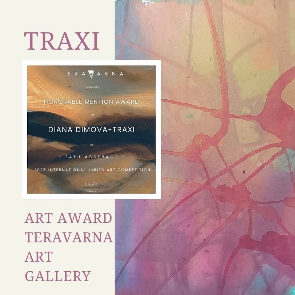 Nuances of Time original abstract mixed media square painting with soft pastel pink and violet tones by Diana Dimova TRAXI ART. Promotional graphic for the Teravarna Art Award, featuring the text 'TRAXI' and 'ART AWARD TERAVARNA ART GALLERY' alongside an inset artwork preview with abstract painterly colors in pink, purple, blue, and beige.