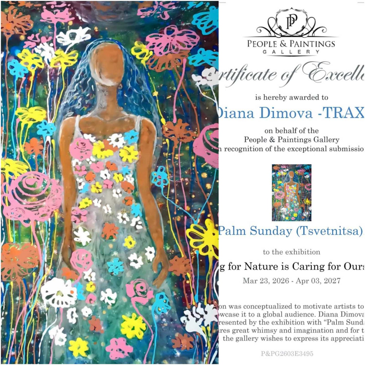 Award certificate for the People & Paintings Gallery recognizing Diana Dimova for the artwork 'Palm Sunday (Tsvetnitsa)', shown alongside a colorful painting of a woman surrounded by flowers. Palm Sunday original spring abstract fluid acrylic painting with vibrant floral colors celebrating feminine energy and Bulgarian heritage by Diana Dimova TRAXI ART.