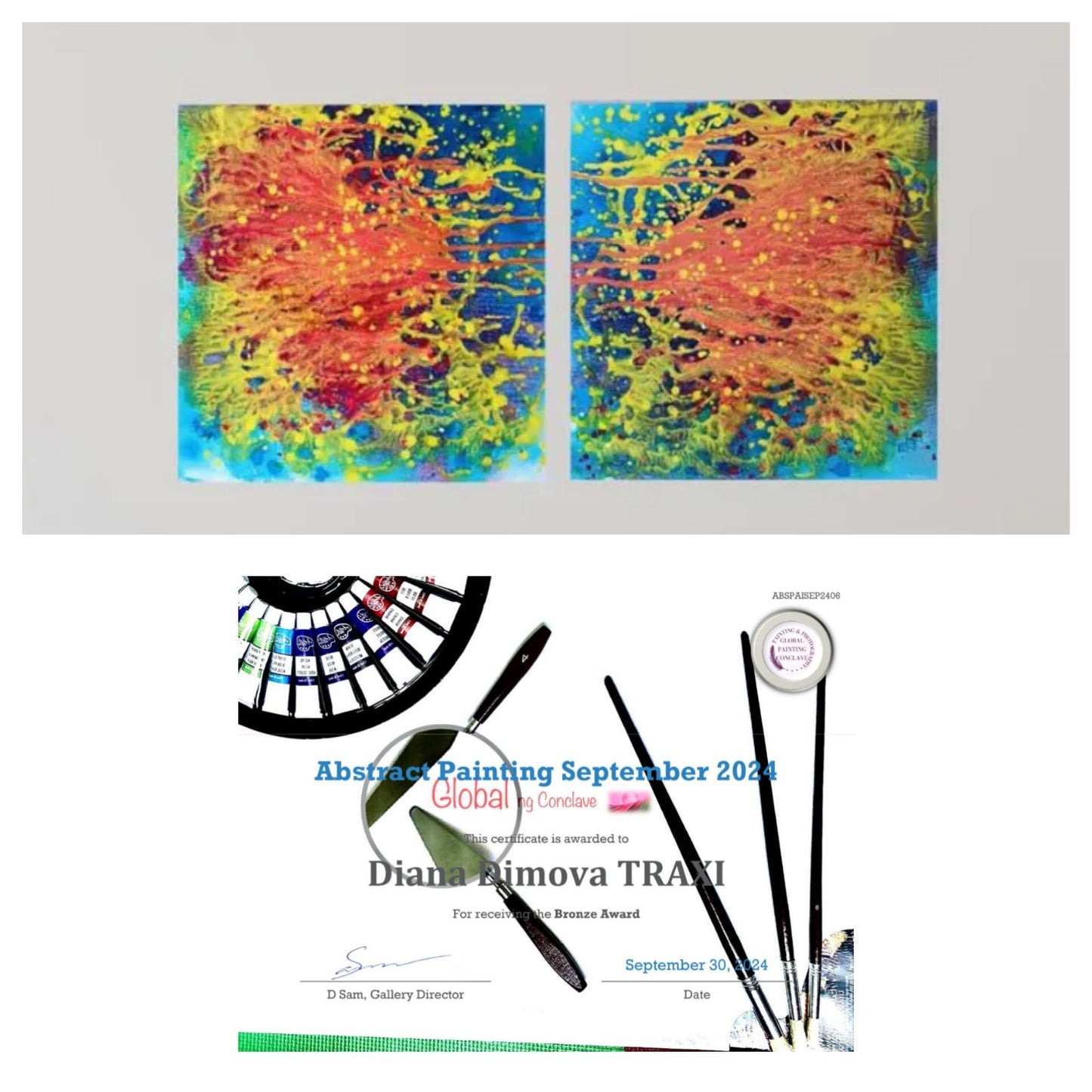 Portals of the Sun original cosmic abstract diptych in orange and yellow by Diana Dimova TRAXI ART. Bronze Award winner 2024. A collage showing two abstract paintings with vivid splashes of red, yellow, blue, and green paint, above a certificate and paintbrushes for the Diana Ajimova TRAXI Abstract Painting September 2021 Global Competition.