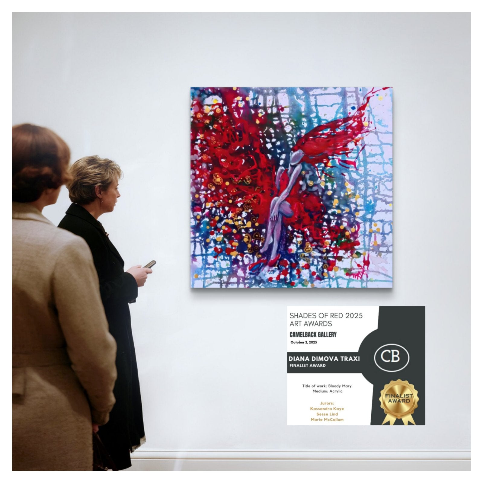 Red Dress & Party Mood original fluid acrylic abstract painting by Diana Dimova TRAXI ART. Finalist Award winner, Camelback Gallery 2025. An abstract painting with a large red butterfly-like form hangs on a white gallery wall, with two people standing and viewing it. A certificate or award card is shown at the lower right with the text 'Shades of Red 2025 Art Awards' and 'Diana Simoiva Traxi'.
