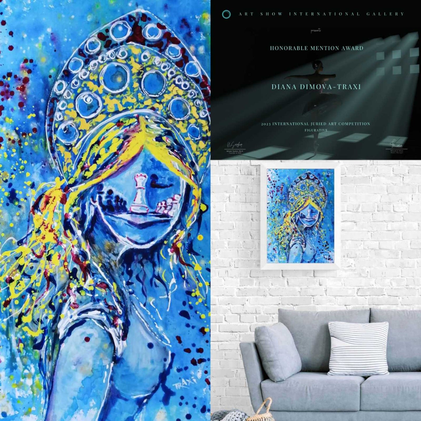 Original spiritual abstract painting titled White Queen’s Move by Diana Dimova TRAXI, featuring a cosmic goddess and chess symbolism in luminous blue and white tones. A collage showing a colorful abstract portrait artwork in blue, yellow, and white tones, a black award-program page with the text 'Diana Dimova Traxi', a framed version of the artwork hanging on a white brick wall above a gray sofa, and a large close-up of the painted figure.