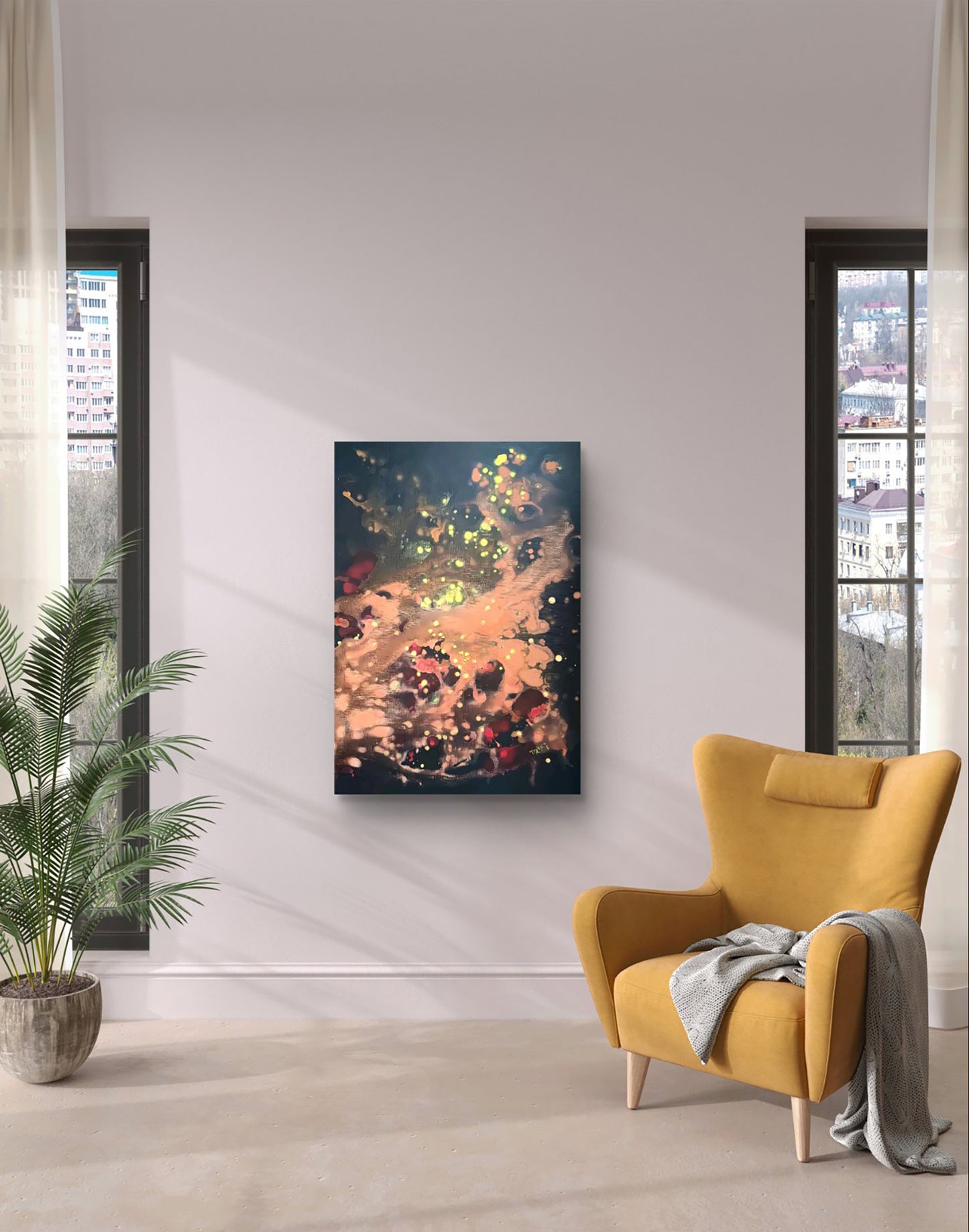 Original Painting, Spiritual Abstract, TRAXI, Fluid Acrylic Pouring, Contemporary Art, Wall Decor, Mystical Painting, Whispers of the Wood Snake, Award Winning Art An abstract canvas art print with colorful light effects is displayed on a light gray wall in a modern living room setting, flanked by two windows, a yellow armchair, and a potted plant.