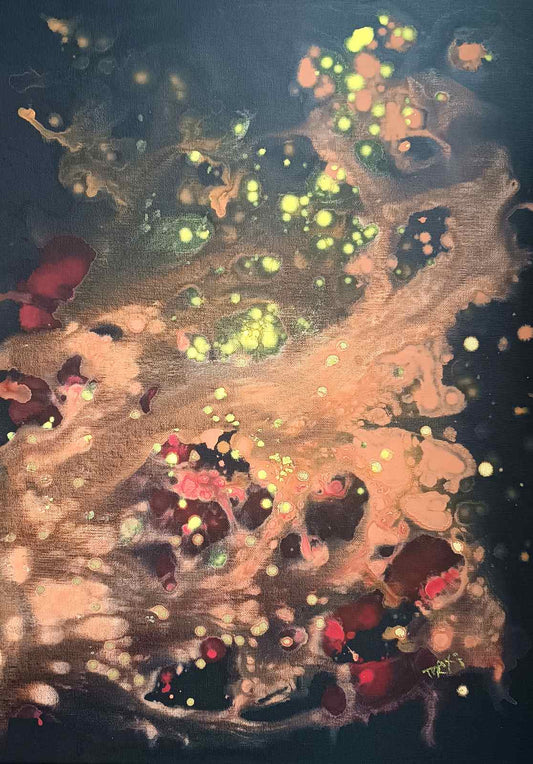 Original Painting, Spiritual Abstract, TRAXI, Fluid Acrylic Pouring, Contemporary Art, Wall Decor, Mystical Painting, Whispers of the Wood Snake, Award Winning Art Abstract fluid art painting with swirling cream, gold, red, and lime-green paint on a dark black background.