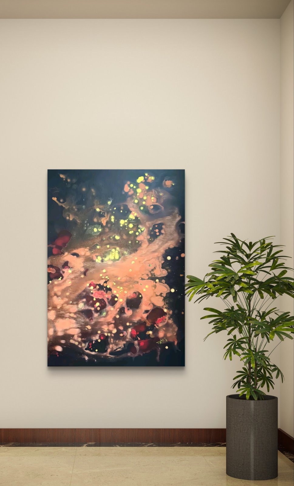 Original Painting, Spiritual Abstract, TRAXI, Fluid Acrylic Pouring, Contemporary Art, Wall Decor, Mystical Painting, Whispers of the Wood Snake, Award Winning Art An abstract canvas wall art print featuring a dark navy background with glowing orange, yellow, and red brushstrokes, displayed on a beige wall next to a potted green plant.