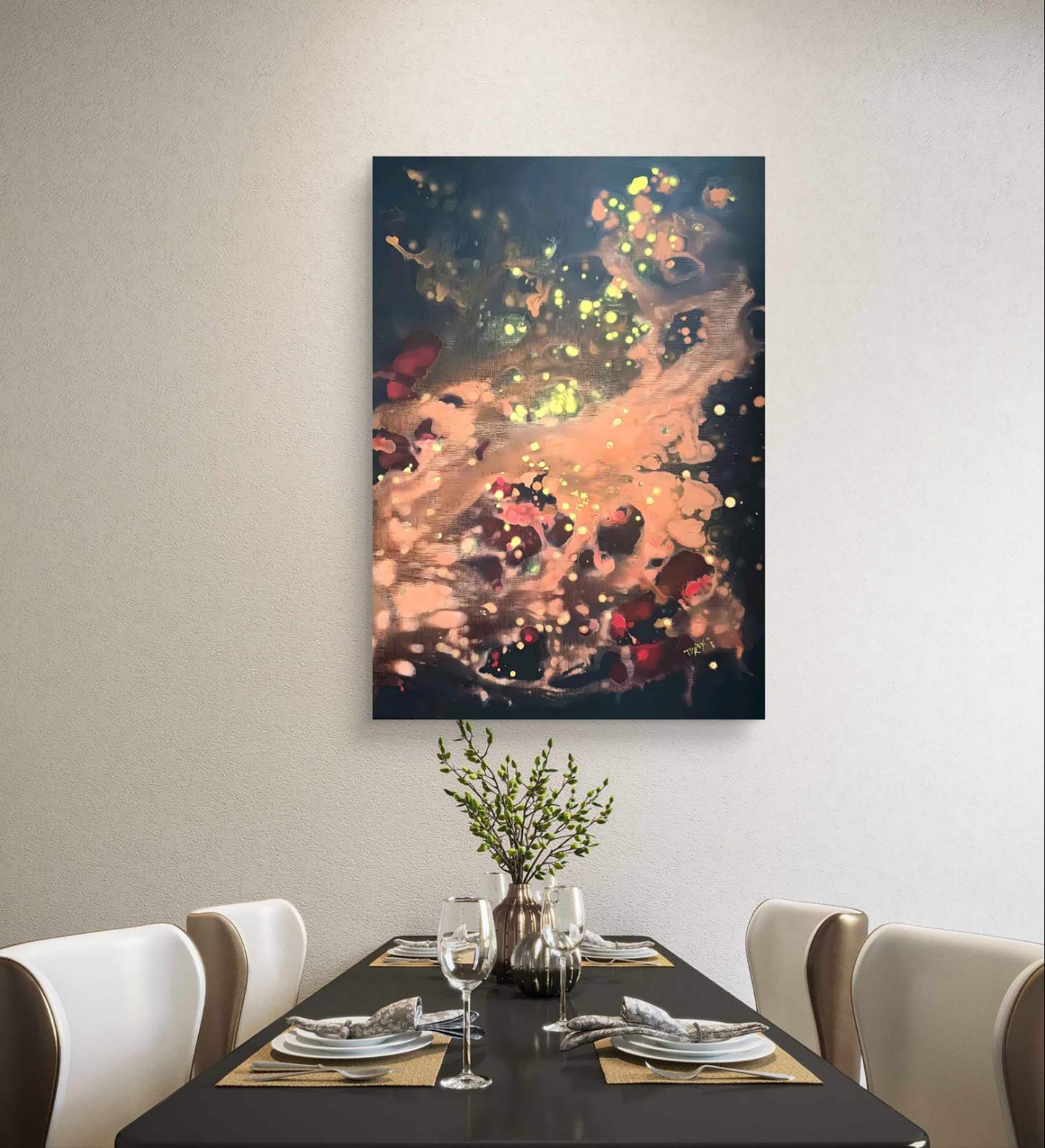 Original Painting, Spiritual Abstract, TRAXI, Fluid Acrylic Pouring, Contemporary Art, Wall Decor, Mystical Painting, Whispers of the Wood Snake, Award Winning Art An abstract canvas wall art print with warm orange, gold, and red paint splatters on a dark navy background, hanging on a light beige wall above a dining table with chairs and a vase of greenery.