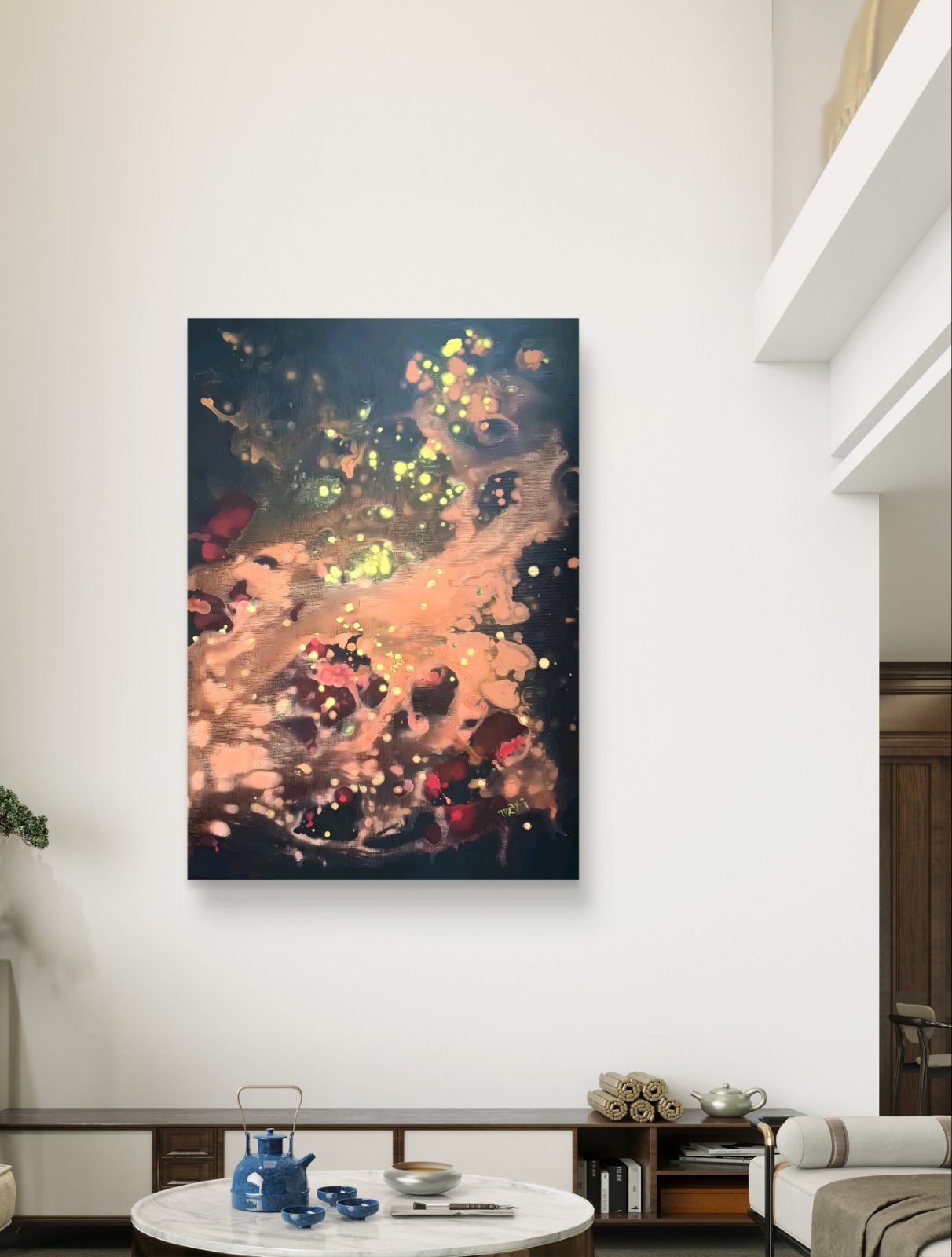 Original Painting, Spiritual Abstract, TRAXI, Fluid Acrylic Pouring, Contemporary Art, Wall Decor, Mystical Painting, Whispers of the Wood Snake, Award Winning Art An abstract canvas wall art print featuring a dark background with glowing orange, yellow, and red light effects, displayed on a white wall in a modern living room setting.