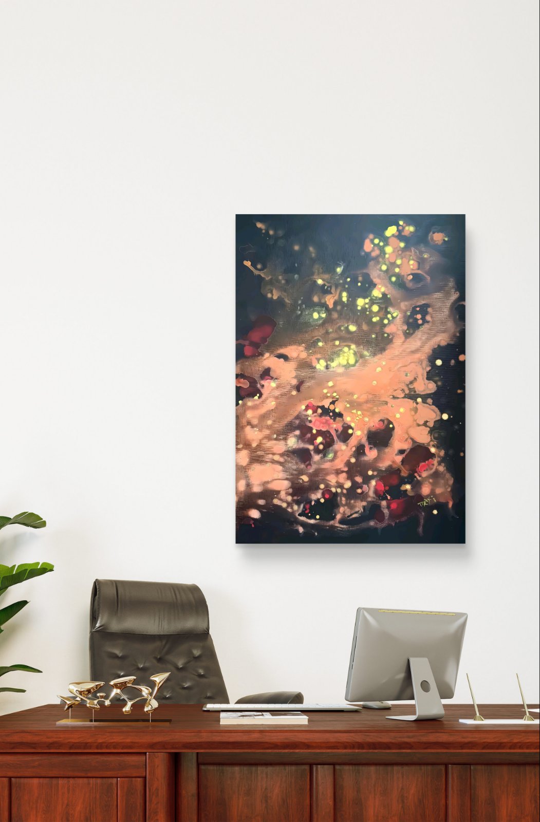 Original Painting, Spiritual Abstract, TRAXI, Fluid Acrylic Pouring, Contemporary Art, Wall Decor, Mystical Painting, Whispers of the Wood Snake, Award Winning Art An abstract canvas wall art print featuring a dark background with glowing orange, yellow, and red light-like specks, displayed on a white wall above a wooden desk with a computer monitor and office chair.