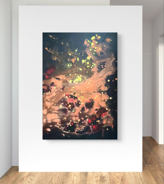 Original Painting, Spiritual Abstract, TRAXI, Fluid Acrylic Pouring, Contemporary Art, Wall Decor, Mystical Painting, Whispers of the Wood Snake, Award Winning Art An abstract canvas painting with swirling dark blue, peach, gold, and red tones, displayed on a white wall above a light wood floor.