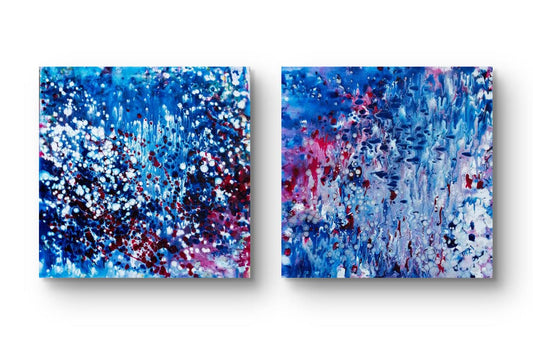 award-Winning Blue Ocean Diptych abstract seascape limited edition fluid acrylic painting set of 2 canvases by Diana Dimova TRAXI ART. Harmonious deep blue and silver underwater ocean art.