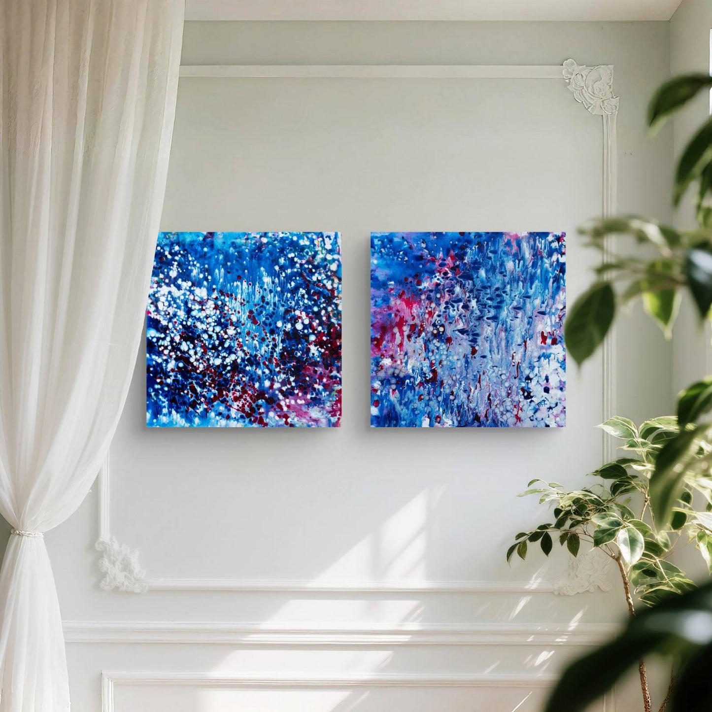 Award-Winning Blue Ocean Diptych abstract seascape original fluid acrylic painting set of 2 canvases by Diana Dimova TRAXI ART. Harmonious deep blue and silver underwater ocean art.