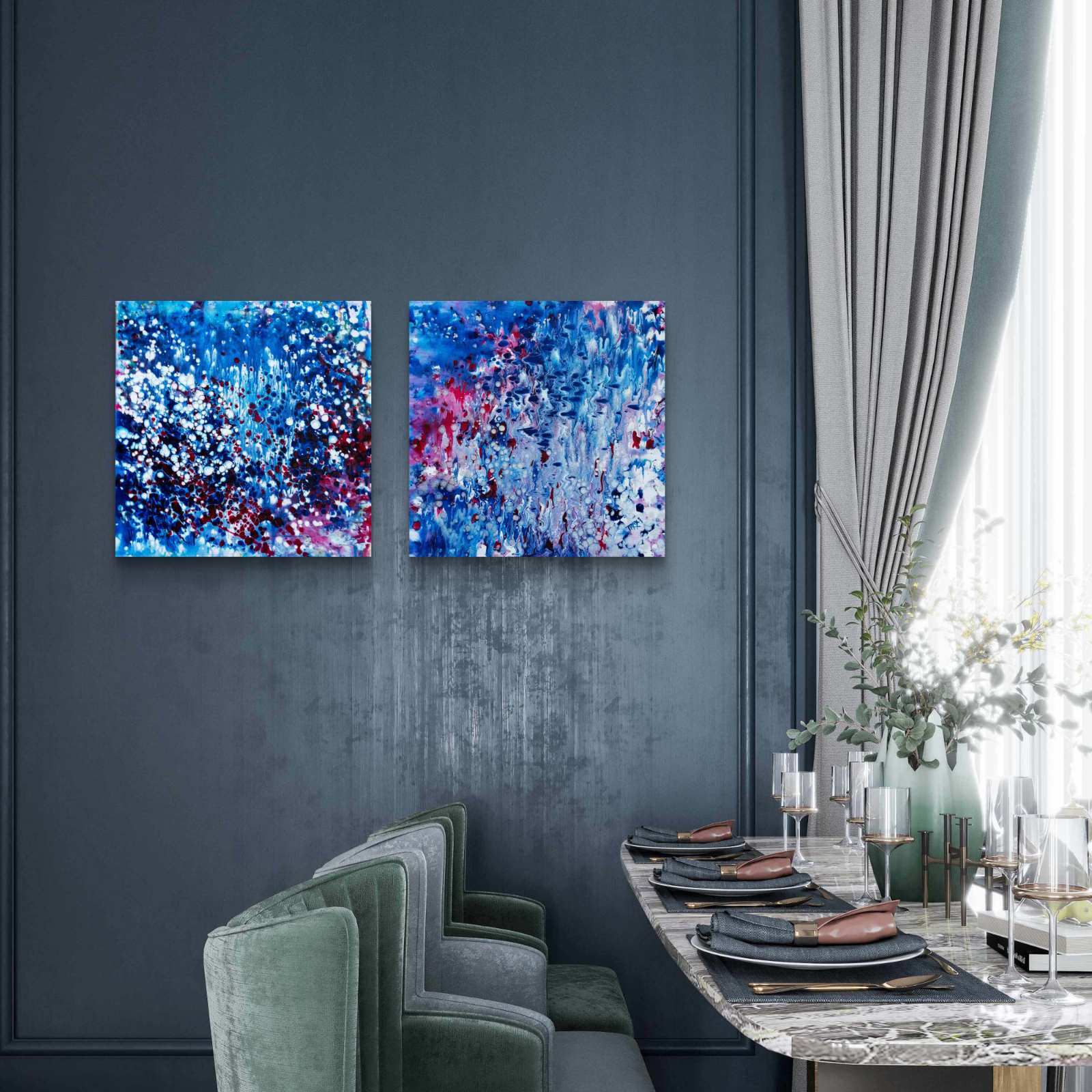 Award-Winning Blue Ocean Diptych abstract seascape original fluid acrylic painting set of 2 canvases by Diana Dimova TRAXI ART. Harmonious deep blue and silver underwater ocean art.