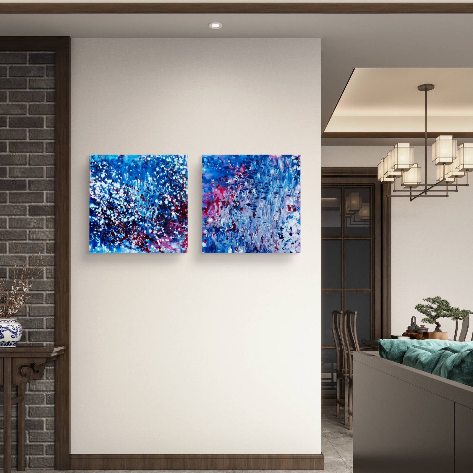 Award-Winning Blue Ocean Diptych abstract seascape original fluid acrylic painting set of 2 canvases by Diana Dimova TRAXI ART. Harmonious deep blue and silver underwater ocean art.