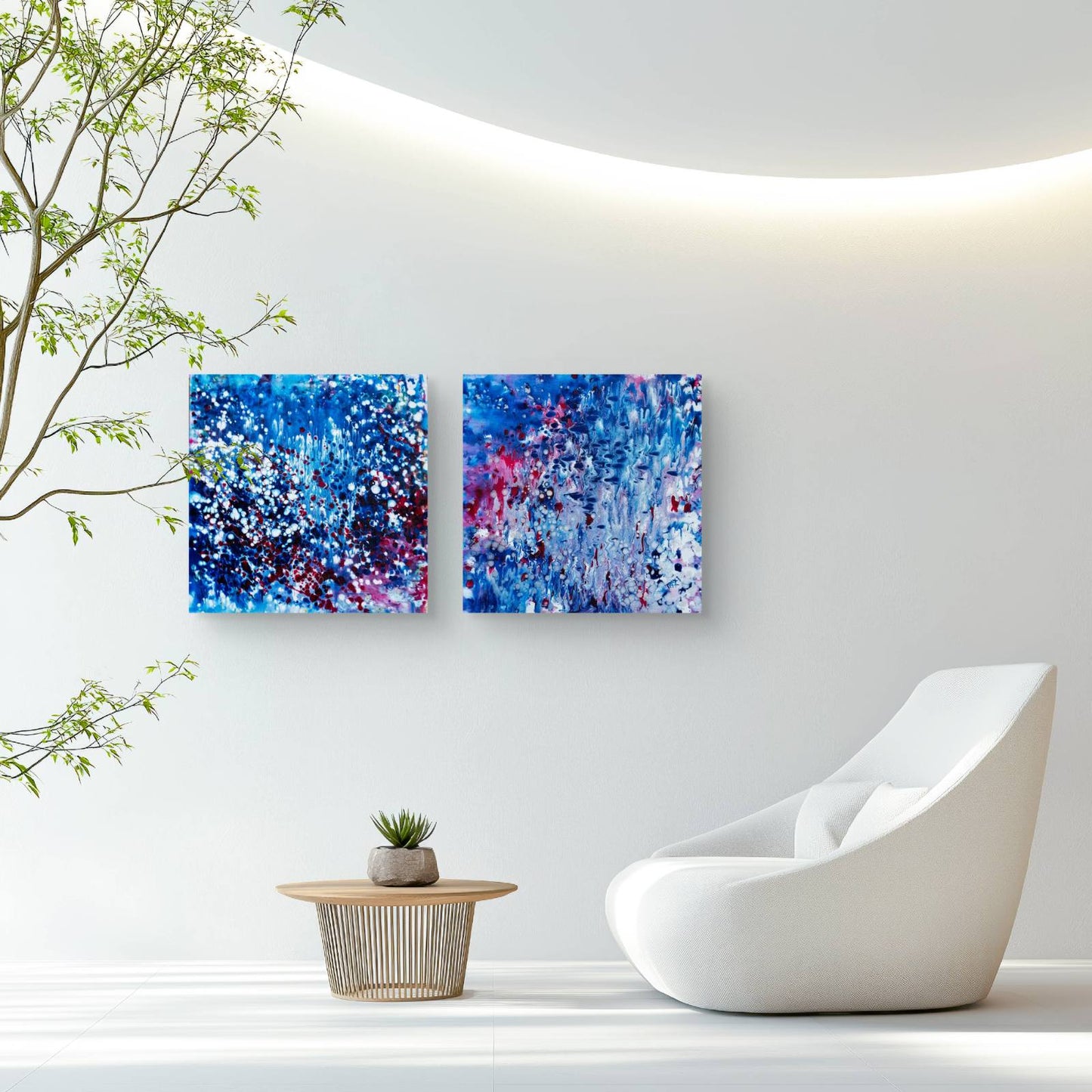Award-Winning Blue Ocean Diptych abstract seascape original fluid acrylic painting set of 2 canvases by Diana Dimova TRAXI ART. Harmonious deep blue and silver underwater ocean art.