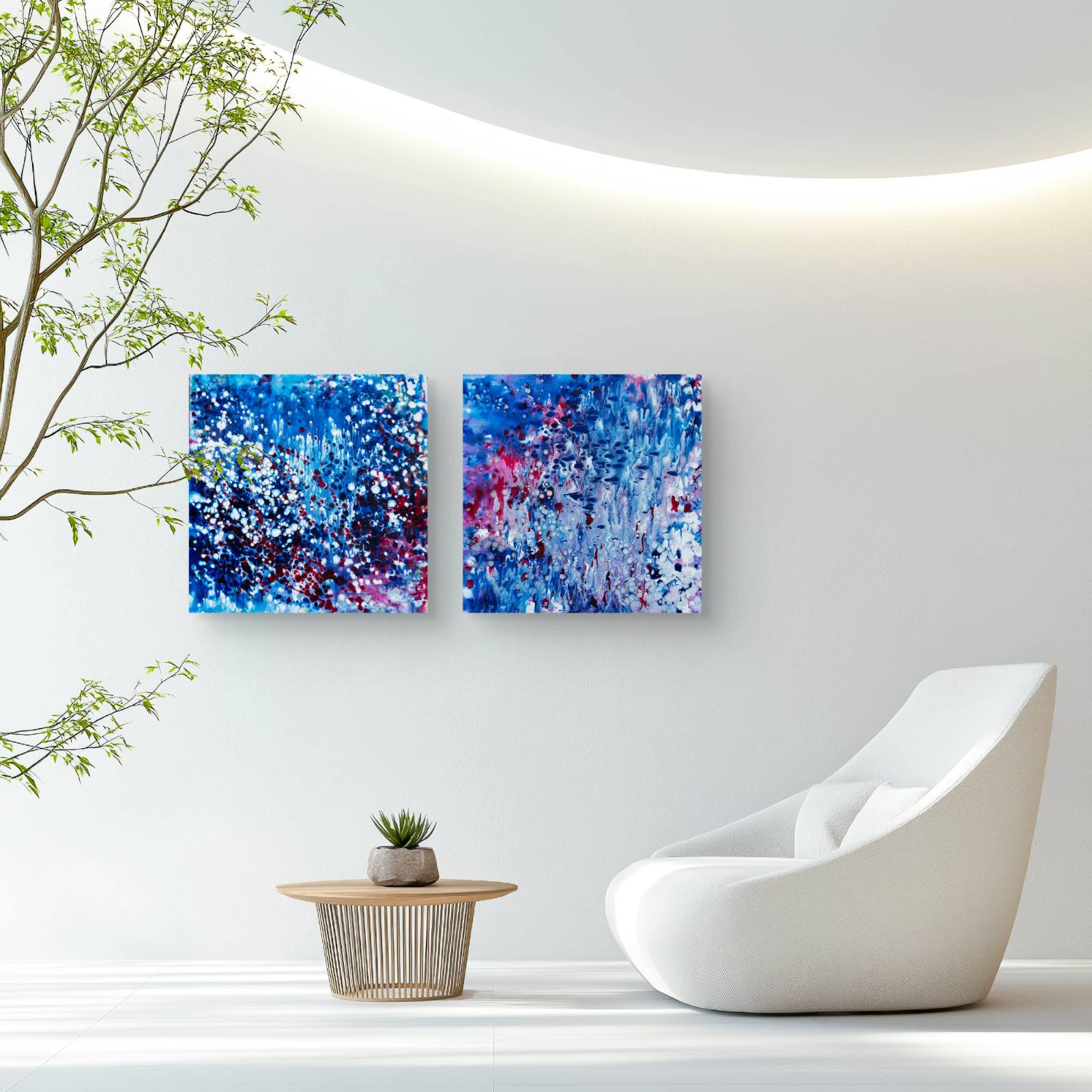 Award-Winning Blue Ocean Diptych abstract seascape original fluid acrylic painting set of 2 canvases by Diana Dimova TRAXI ART. Harmonious deep blue and silver underwater ocean art.