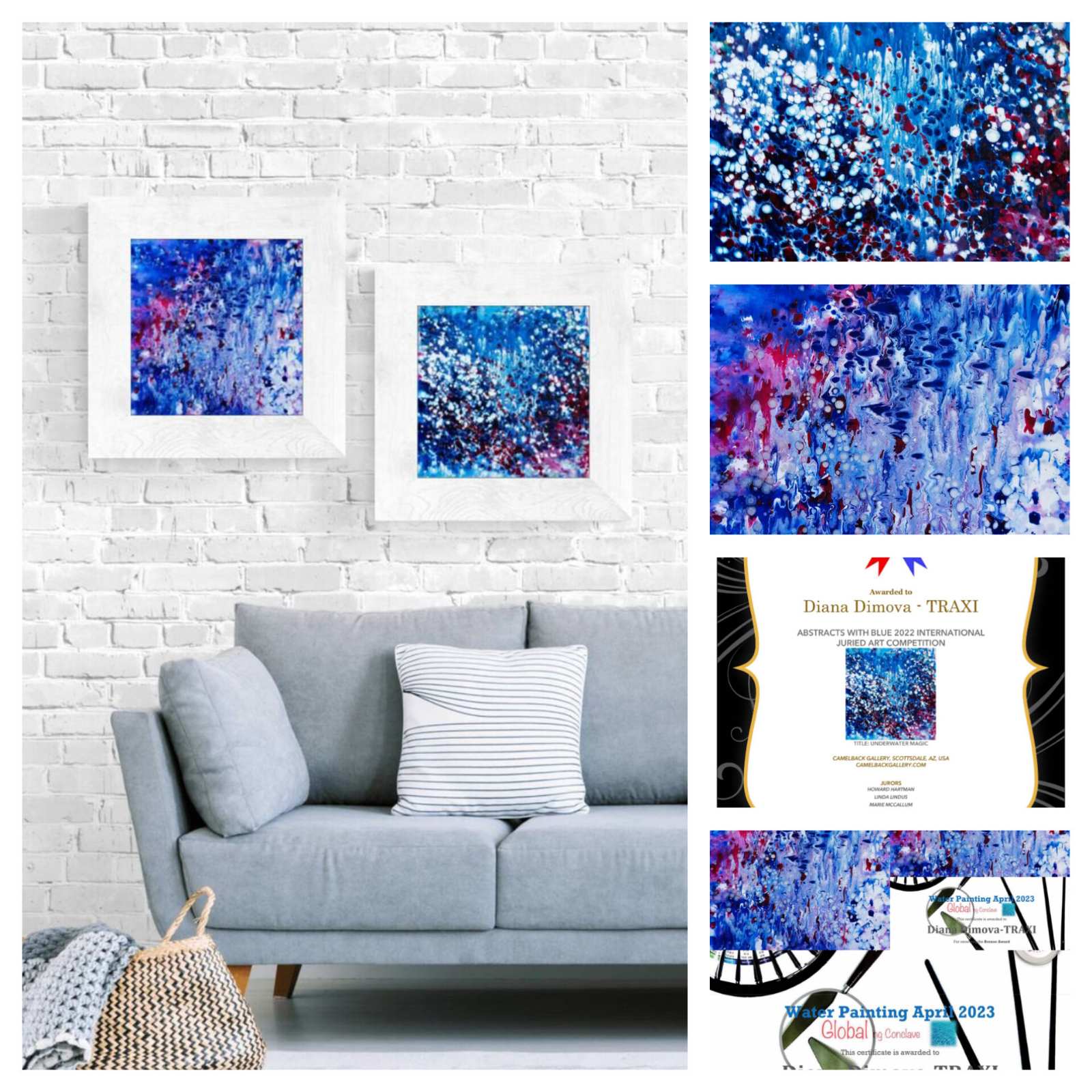 Blue Oceanic Abstract Seascape award-winning original fluid acrylic painting by Diana Dimova TRAXI ART. Abstract underwater world with coral reef magic and deep blue ocean tones. Awards