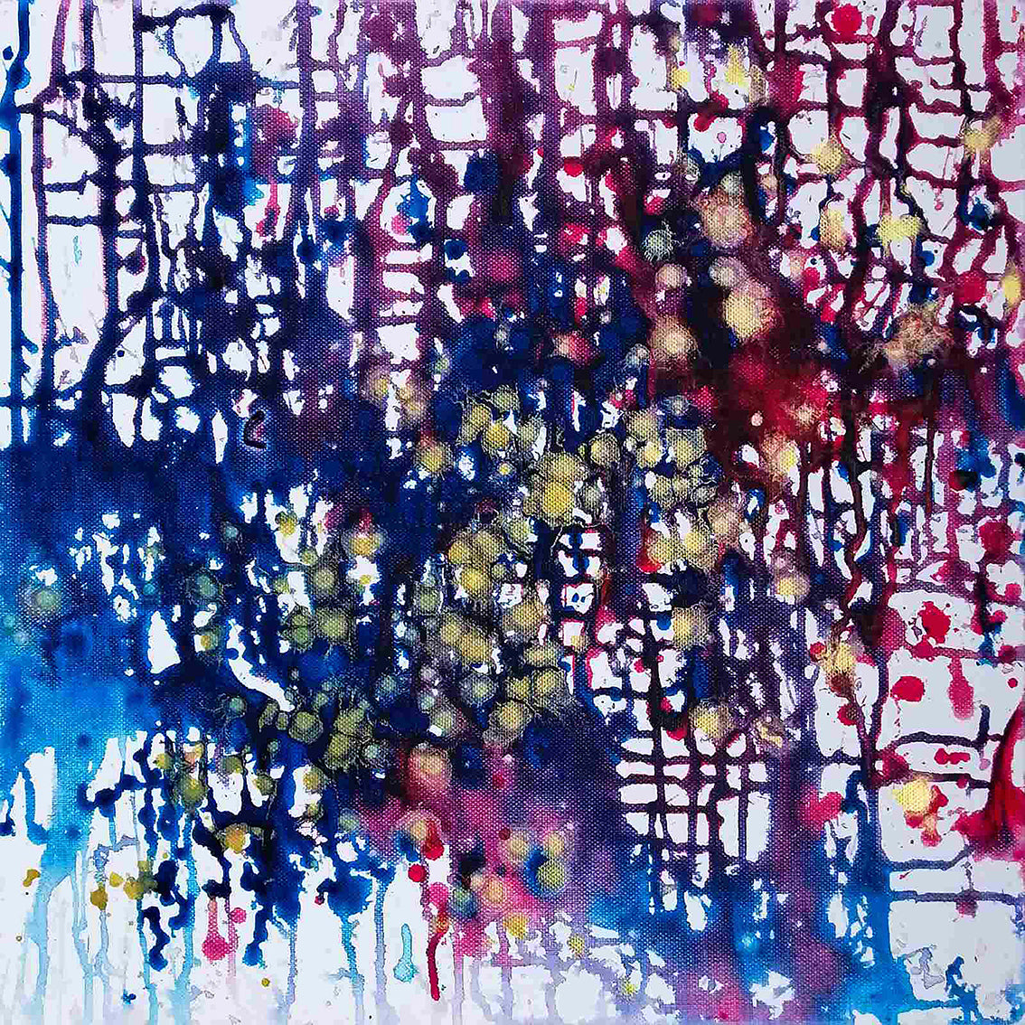 Award-winning original abstract diptych Greed and Fear by Diana Dimova TRAXI, fluid acrylic pouring in white, blue, rose and gold tones Abstract painting with splatters, drips, and grid-like lines in deep blue, purple, red, pink, yellow, and white.